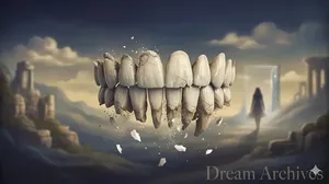 A surreal, metaphorical dream image featuring a prominent, oversized set of human front teeth in the center, crumbling and disintegrating into white dust and floating fragments. The background is a soft, twilight landscape with ethereal ruins and a silhouetted figure walking towards a distant light gateway. Semi-transparent text 'Dream Archives' is embedded at the bottom right. The image symbolizes a common dream experience related to loss of control, anxiety, and personal transition.