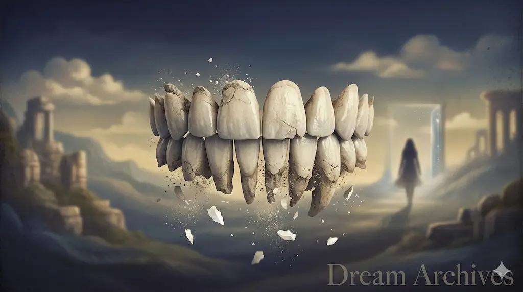 A surreal, metaphorical dream image featuring a prominent, oversized set of human front teeth in the center, crumbling and disintegrating into white dust and floating fragments. The background is a soft, twilight landscape with ethereal ruins and a silhouetted figure walking towards a distant light gateway. Semi-transparent text 'Dream Archives' is embedded at the bottom right. The image symbolizes a common dream experience related to loss of control, anxiety, and personal transition.