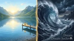 A split-screen dream conceptual image: the left side shows a peaceful, clear lake with a sunrise and a wooden pier, representing emotional clarity; the right side shows a massive, turbulent tsunami wave under a dark storm, representing emotional turmoil and anxiety. Semi-transparent text 'Dream Archives' is at the bottom right.