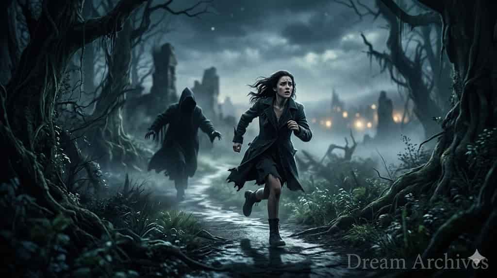A terrified woman fleeing from a shadowy, cloaked figure in a dark, atmospheric forest, representing the subconscious fear of being chased in a dream. Dream Archives visual archive.