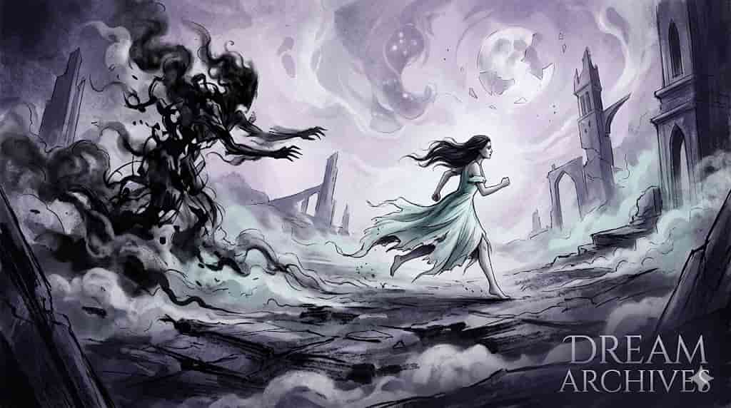 A surreal watercolor illustration of a woman in a flowing dress running from a smoke-like shadow monster in a fragmented, gothic landscape under a broken moon. Dreamy purple tones, Dream Archives logo in the corner.