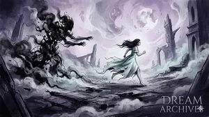 A surreal watercolor illustration of a woman in a flowing dress running from a smoke-like shadow monster in a fragmented, gothic landscape under a broken moon. Dreamy purple tones, Dream Archives logo in the corner.