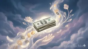 A glowing stack of realistic US Dollar bills as the central focus of a dreamlike, twilight cloud landscape, surrounded by other international coins, symbols, floating feathers, and a soft, supporting hand, representing subconscious value and self-worth.