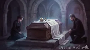 A somber funeral scene in a misty dreamscape with a wooden coffin and mourners, representing the dream symbol of death.