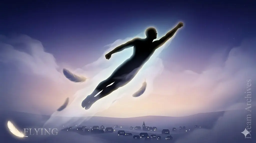 Silhouette of a man flying like a superhero above a sleeping city in a dream archives illustration.