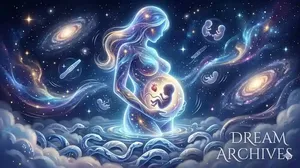 A dreamy illustration of a pregnant woman's silhouette with symbols of new life and cosmic energy.