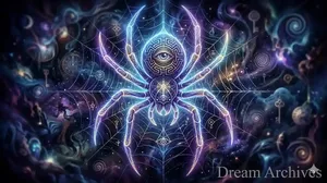 A glowing cosmic spider with a central eye symbol in a mystical dreamscape.