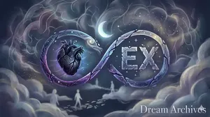 A mystical digital illustration of a large, broken infinity loop in the night sky. Inside the loop are a massive, cracked heart and the crumbling text 'EX', symbolizing unresolved subconscious thoughts about a past partner. Tiny silhouettes walk towards this fractured memory under swirling cosmic clouds. Watermarked 'Dream Archives'.