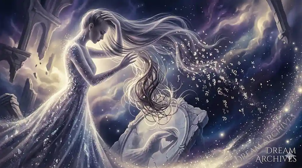 Surreal illustration of a woman in a dream holding falling hair, symbolizing psychological loss of control and anxiety.