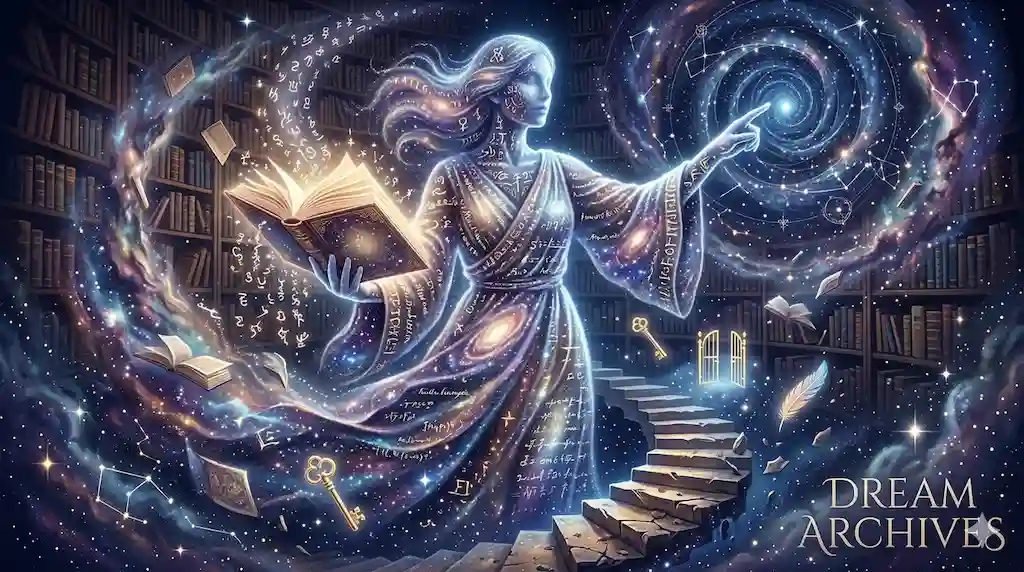 A glowing, ethereal female teacher figure standing in a surreal dream library, holding a luminous book and pointing towards a celestial vortex. High visual contrast with floating keys and stone steps.