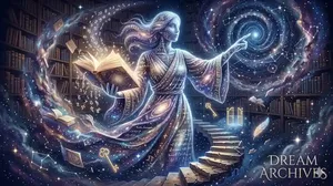 A glowing, ethereal female teacher figure standing in a surreal dream library, holding a luminous book and pointing towards a celestial vortex. High visual contrast with floating keys and stone steps.
