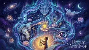 A surreal dreamscape featuring an ethereal motherly figure, cosmic symbols like keys and clocks, and a child with a lantern, illustrating the deep psychological meaning of parents in dreams.