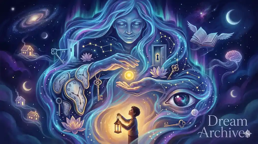A surreal dreamscape featuring an ethereal motherly figure, cosmic symbols like keys and clocks, and a child with a lantern, illustrating the deep psychological meaning of parents in dreams.