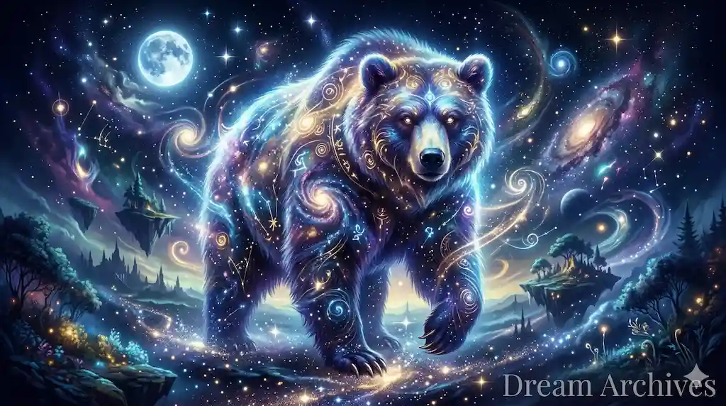 A majestic celestial bear glowing with constellations walking through a surreal cosmic dreamscape.
