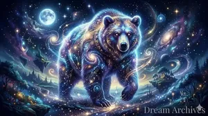 A majestic celestial bear glowing with constellations walking through a surreal cosmic dreamscape.