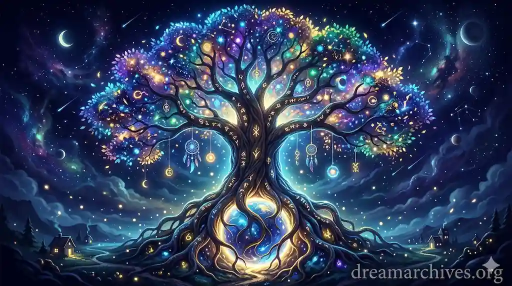 A massive, glowing cosmic tree with dreamcatchers and mystical symbols, standing at the center of a starry dreamscape as a symbol of growth.