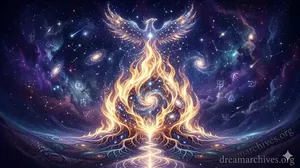 A glowing cosmic fire vortex containing galaxies and stars in the center of a deep Indigo and violet universe, symbolizing spiritual transformation and cleansing dreams.