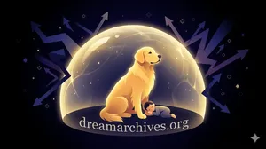 An ethereal digital illustration showing a powerful protective shield of glowing internal golden light intercepting abstract dark arrows. Safely within this dome, a large, loyal golden retriever stands guard over a tiny sleeping human figure against a dark void, symbolizing the reflexive protective bond processing daily worries for dog owners.