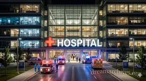 A high-resolution, photorealistic photograph of a bustling, active modern hospital main entrance at night, featuring a massive glowing red cross symbol and the word HOSPITAL. An ambulance is arriving with lights flashing, and medical staff are moving nearby, representing a direct, conflict-filled hospital dream.