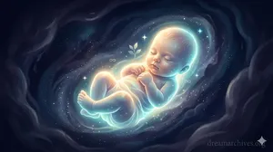 A glowing newborn baby floating in a cosmic dreamscape with stardust and nebulas, symbolizing new beginnings and subconscious growth.