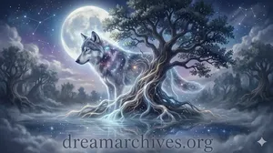 A mystical and ethereal nighttime scene blending natural and celestial elements. A massive, spectral wolf composed of light and starry nebula patterns merges with an ancient oak tree under a full moon, representing a totem of collective contracts and cultural dream symbols.