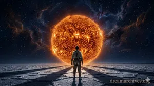 A massive, hyper-realistic sun touching the horizon of a salt flat at night with a person standing in its glow, symbolizing spiritual enlightenment in dreams.