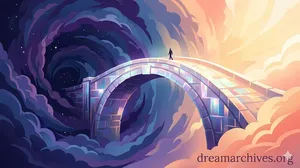 A massive glowing stone bridge in a surreal dreamscape connecting a dark vortex to a bright sky, with a lone silhouette walking across, symbolizing the dream meaning of life transitions.