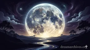 A giant, luminous full moon rising over a surreal dark landscape with a winding starlit river, symbolizing subconscious dream meanings and intuition.