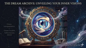 An ornate circular mirror in a mystical library, its surface reflecting a cosmic eye and a glowing doorway to a galaxy, representing the depth of dream interpretation.