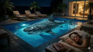 A realistic, surreal photo of a massive shark swimming in a blue-lit backyard swimming pool at night. A woman sleeps with an eye mask on a lounge chair nearby, and a notebook and pen rest on a side table. Modern house interior with warm light in the background, from dreamarchives.org.