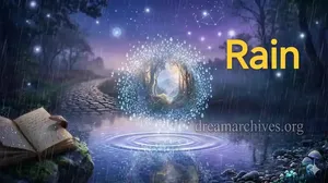 Surreal rain dream symbolism: a glowing portal of raindrops over a mystical pond in a night forest.