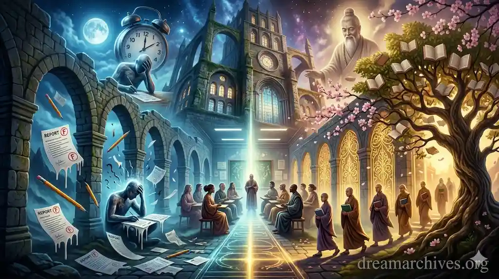 Surreal dream about school meaning illustration comparing Western individual performance anxiety with Eastern collective growth and spiritual journey perspectives.