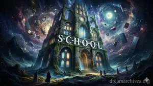 Surreal dream about school meaning featuring a giant glowing stone academy in a cosmic starry night.