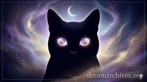 Silhouette of a black cat with cosmic galaxy eyes under a crescent moon, representing the mystery and culture of cat dreams.